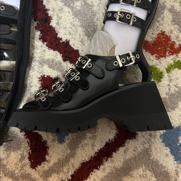NIB Jeffrey Campbell black Post-Punk knee high cage gladiator chunky heel sandal - Picture 7 of 14